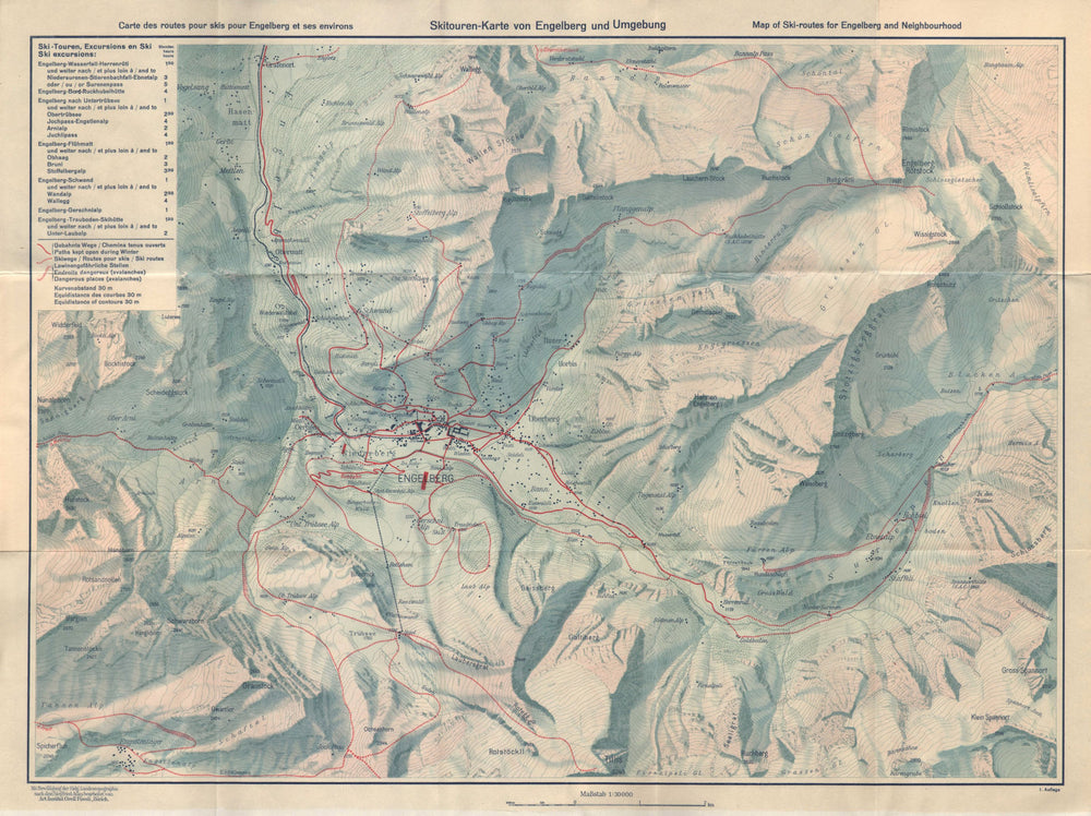 ENGELBERG-TITLIS vintage ski piste trail map. Switzerland c1940 old