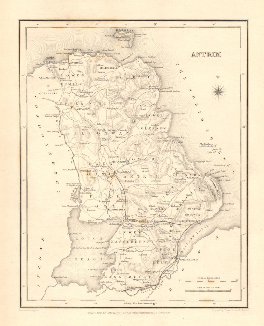 COUNTY ANTRIM antique map for LEWIS by CREIGHTON & DOWER - Ulster 1846 old