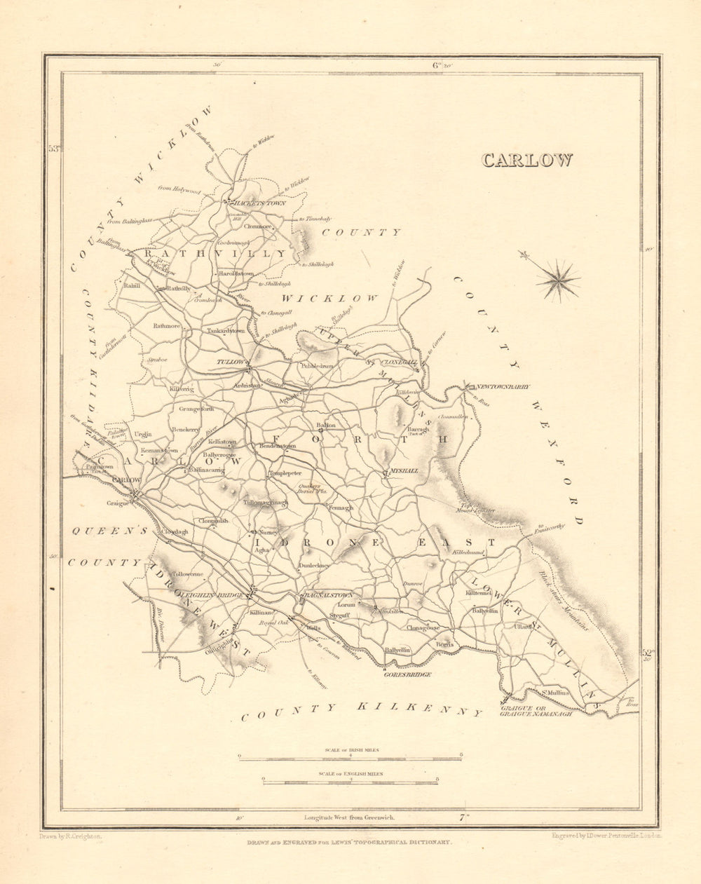 COUNTY CARLOW antique map for LEWIS by CREIGHTON & DOWER - Ireland 1846