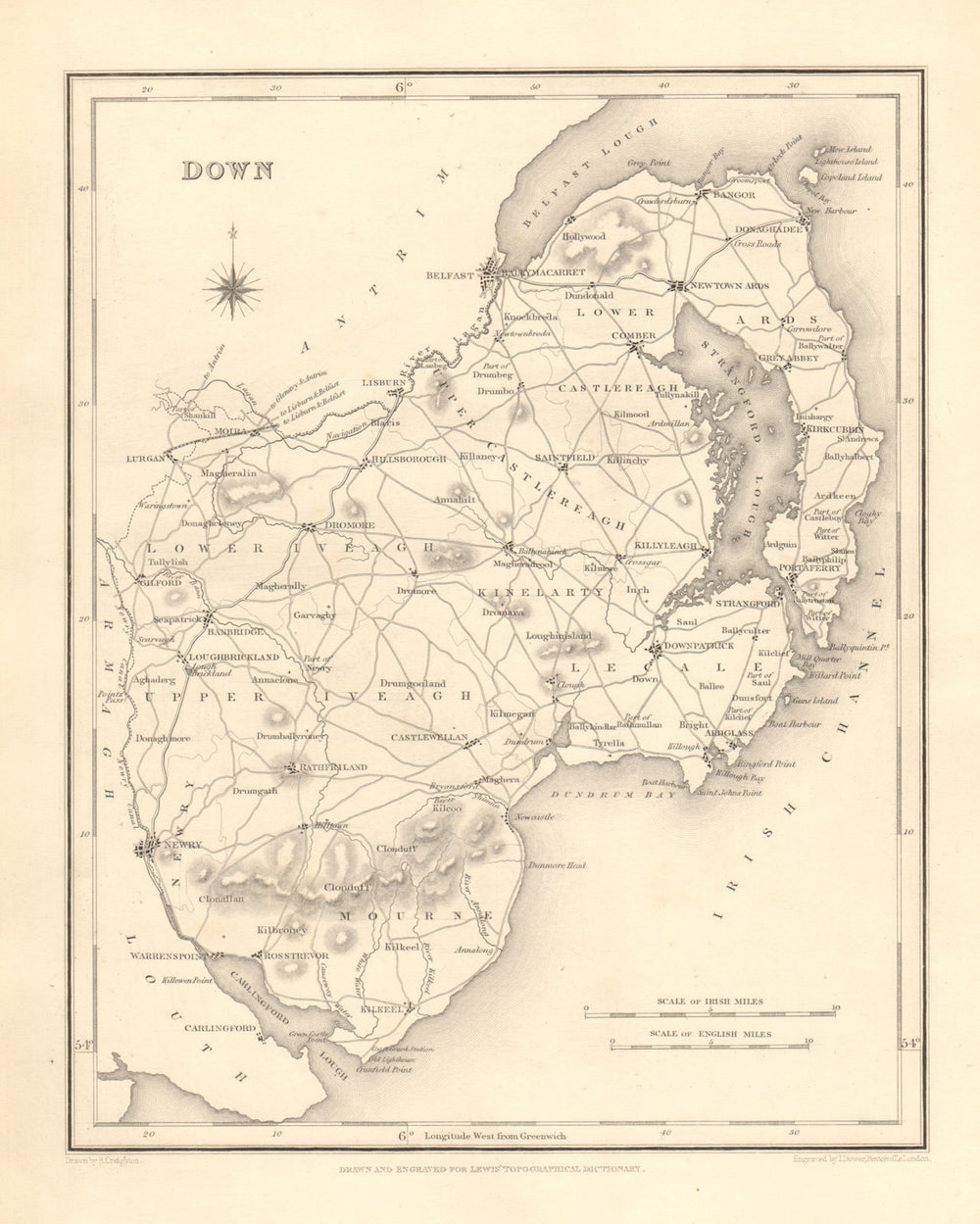 COUNTY DOWN antique map for LEWIS by CREIGHTON & DOWER - Ulster 1846 old