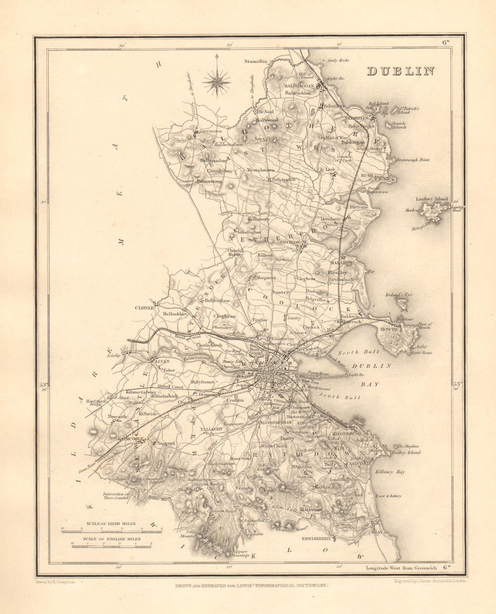 COUNTY DUBLIN antique map for LEWIS by CREIGHTON & DOWER - Ireland 1846