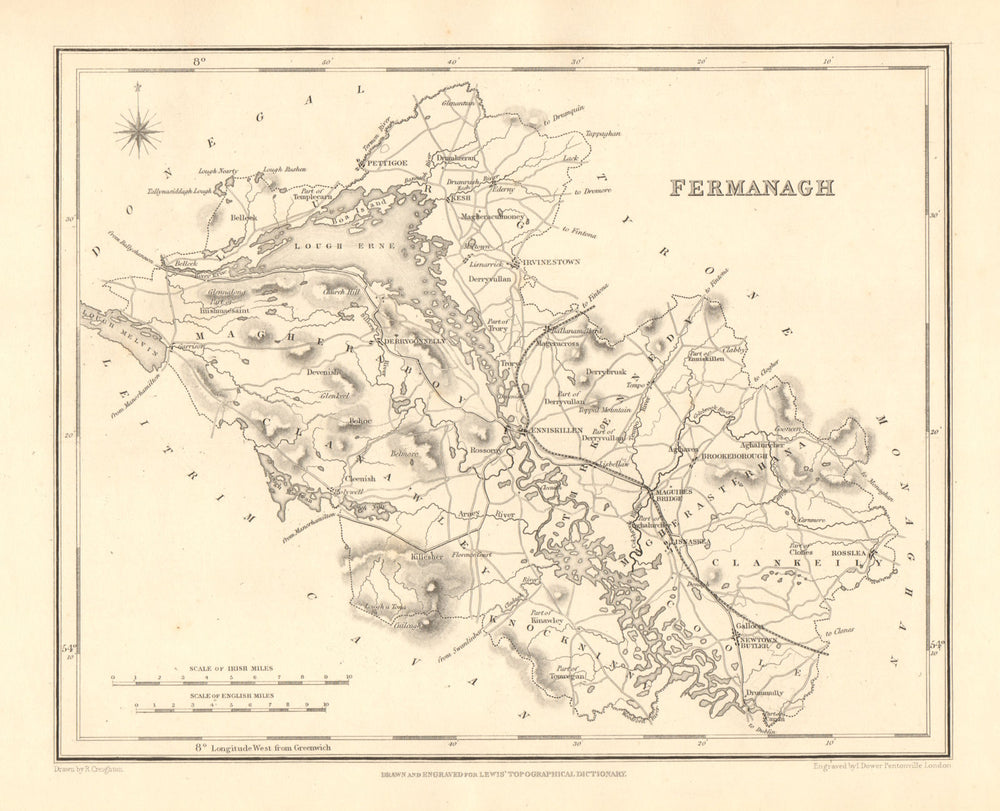 COUNTY FERMANAGH antique map for LEWIS by CREIGHTON & DOWER - Ulster 1846