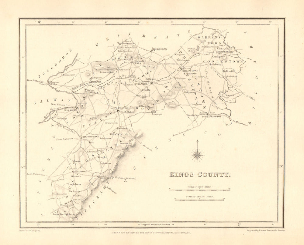 KINGS COUNTY (OFFALY) antique map for LEWIS - CREIGHTON & DOWER - Ireland 1846