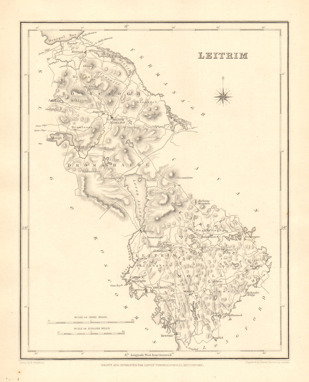 COUNTY LEITRIM antique map for LEWIS by CREIGHTON & DOWER - Ireland 1846