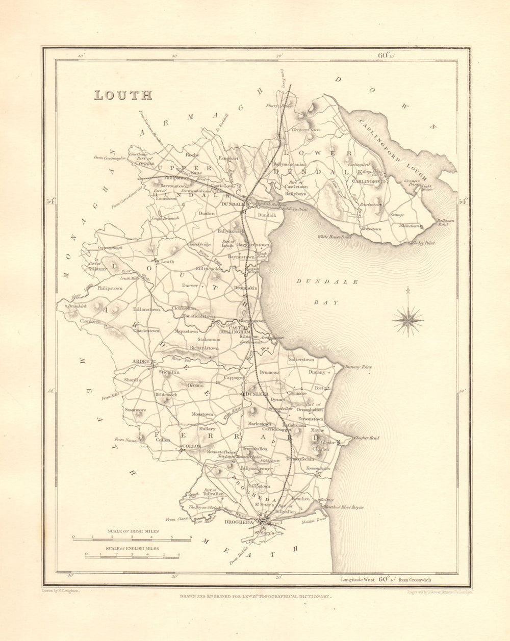 COUNTY LOUTH antique map for LEWIS by CREIGHTON & DOWER - Ireland 1846 old
