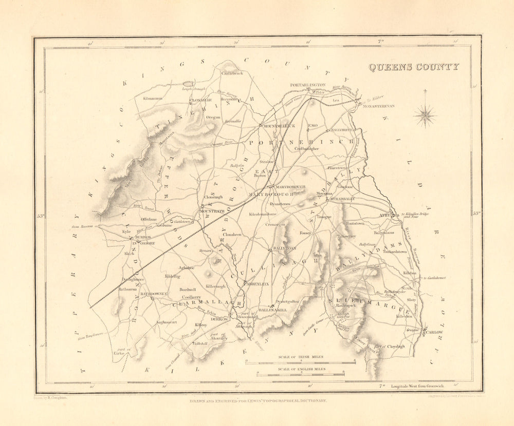 QUEENS COUNTY (LAOIS) antique map for LEWIS - CREIGHTON & DOWER - Ireland 1846
