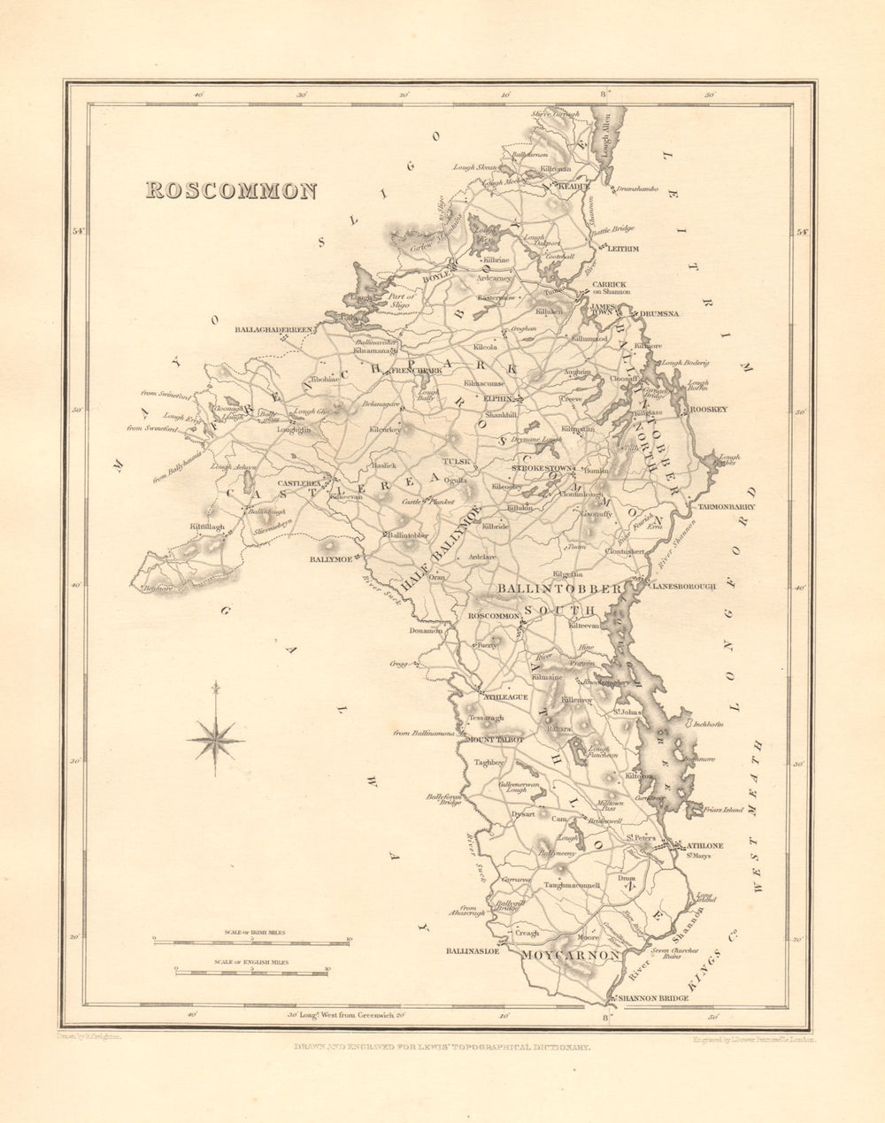 COUNTY ROSCOMMON antique map for LEWIS by CREIGHTON & DOWER - Ireland 1846
