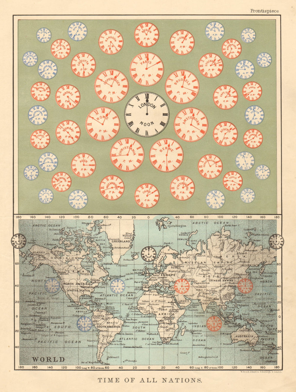 TIME OF ALL NATIONS predates UTC/standard hourly time zones JOHNSTON 1892 map