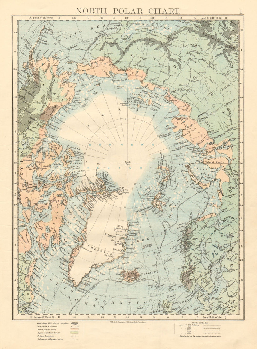 NORTH POLAR CHART Explorers positions Greely 1882 JOHNSTON 1892 old map