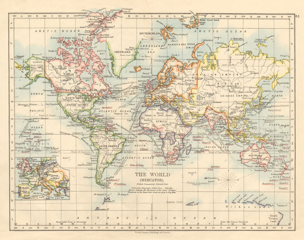 BRITISH EMPIRE World Mercator Currents Steamship routes JOHNSTON 1892 old map
