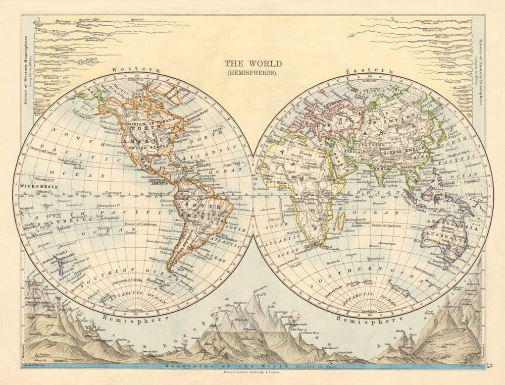 WORLD TWIN HEMISPHERES Relief Mountains Rivers JOHNSTON 1892 old antique map