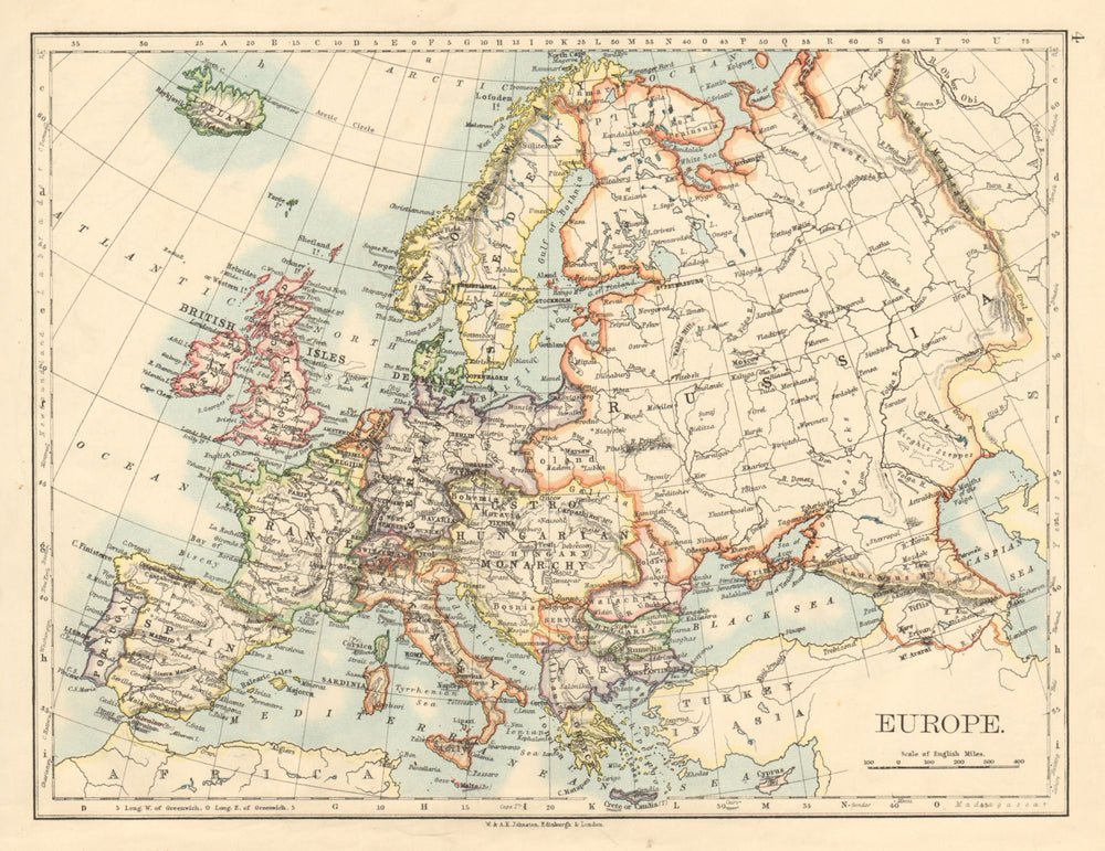 EUROPE POLITICAL Austria-Hungary United Sweden & Norway JOHNSTON 1892 old map