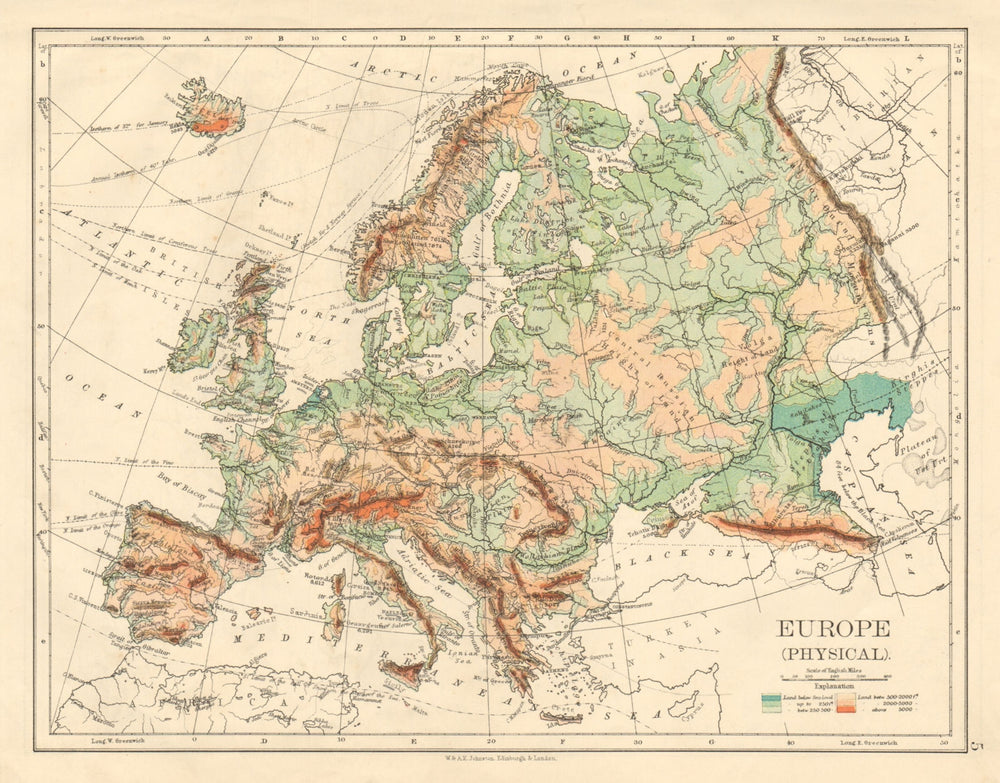 EUROPE PHYSICAL Relief Ocean depths Key mountains Plains JOHNSTON 1892 old map