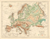 EUROPE PHYSICAL Relief Ocean depths Key mountains Plains JOHNSTON 1892 old map