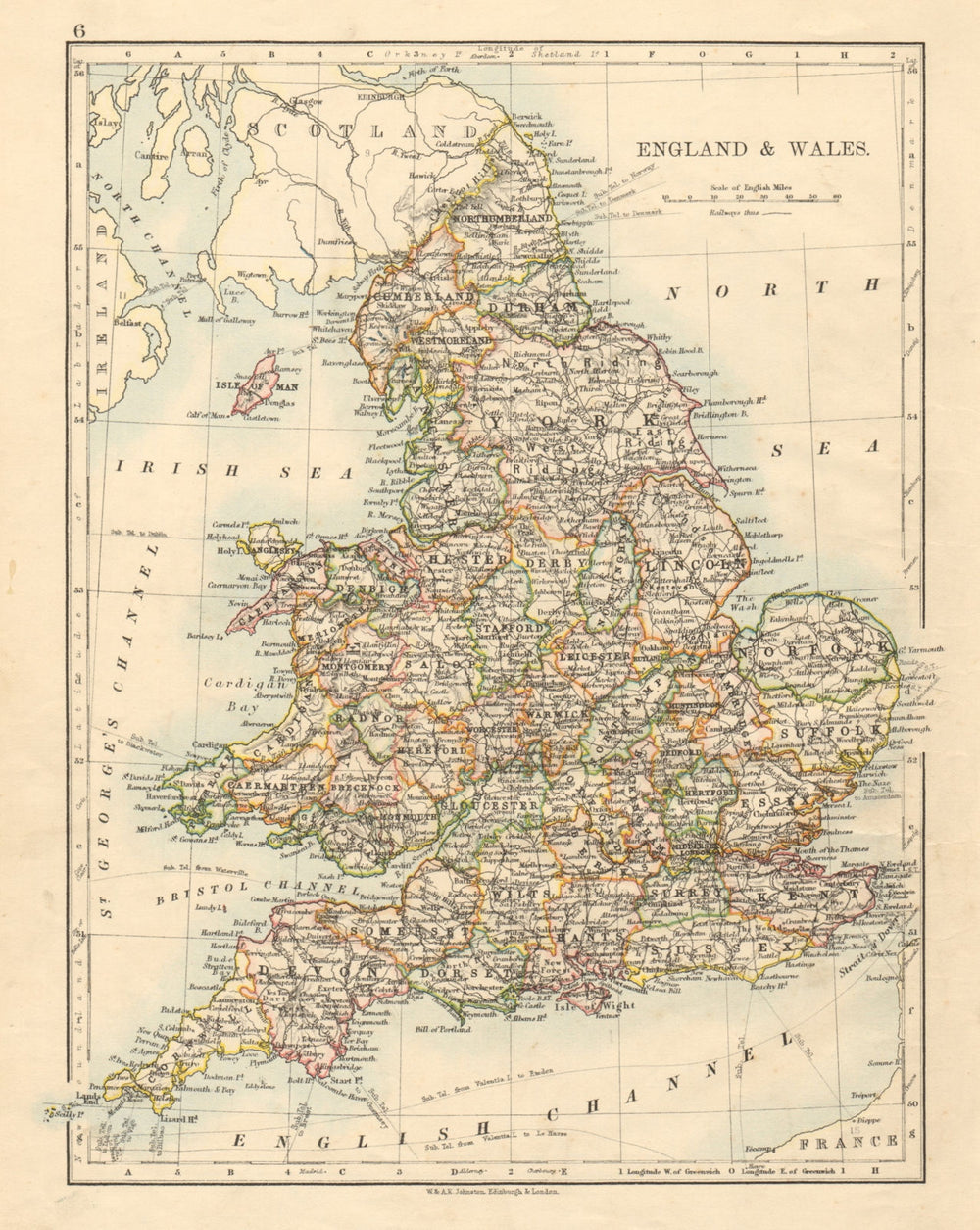 ENGLAND AND WALES Counties Westmorland Telegraph cables JOHNSTON 1892 old map