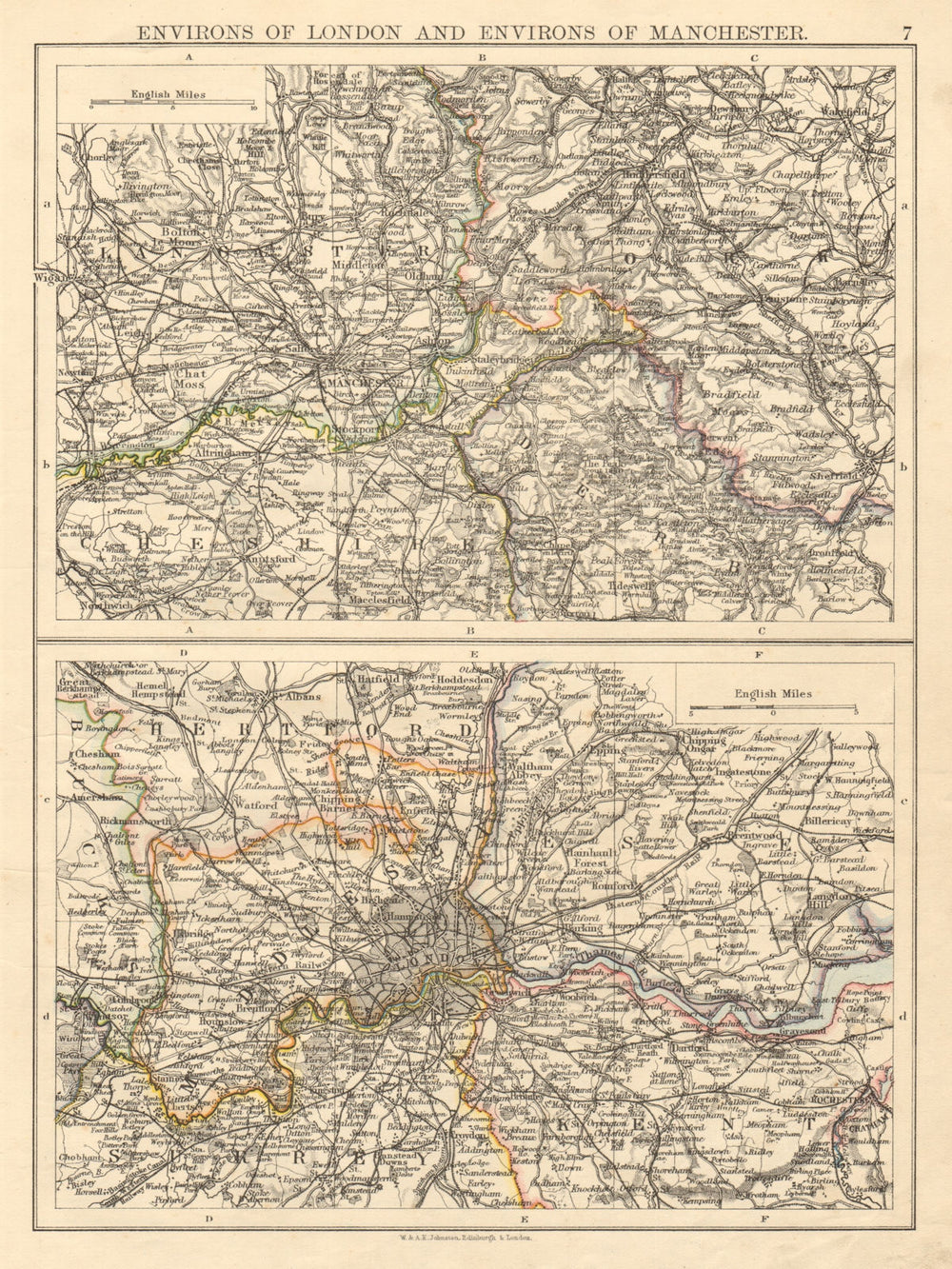 LONDON & MANCHESTER Environs Lancs Cheshire Middx Surrey JOHNSTON 1892 old map