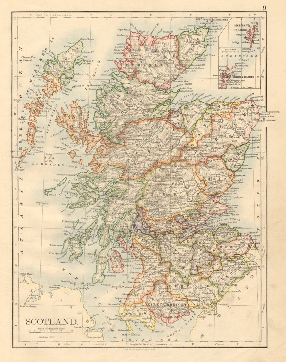 SCOTLAND Counties Undersea telegraph cables JOHNSTON 1892 old antique map