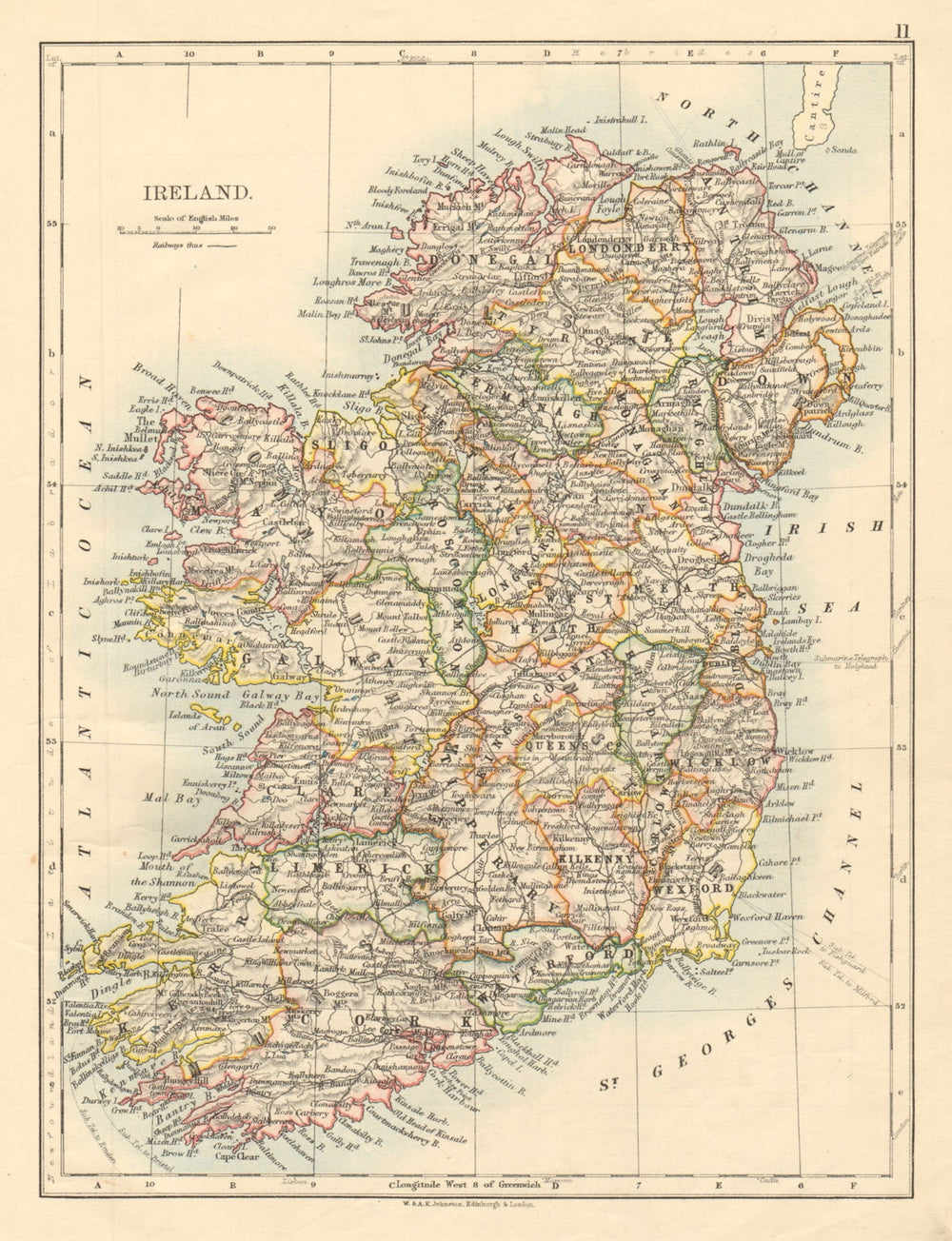 IRELAND Showing counties Undersea telegraph cables JOHNSTON 1892 old map