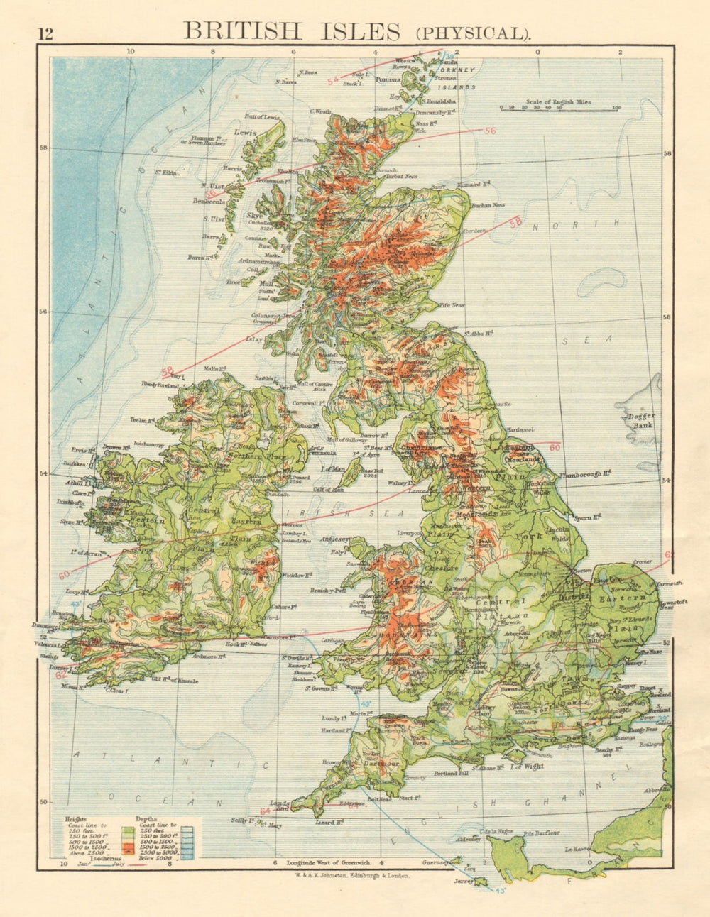 BRITISH ISLES RELIEF Showing isotherms in January & July JOHNSTON 1892 old map