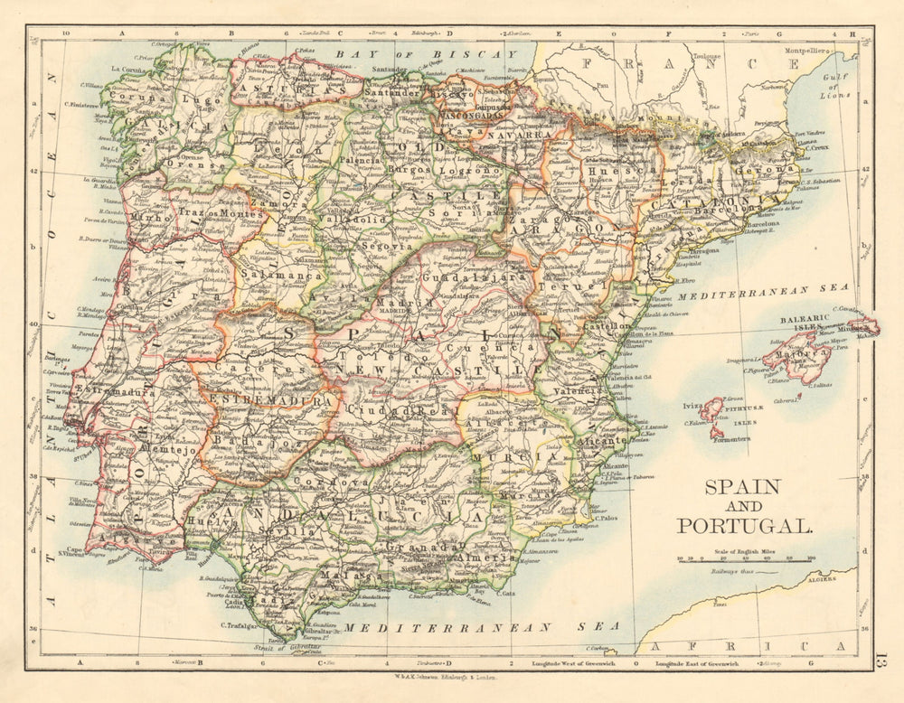 SPAIN AND PORTUGAL Iberia Provinces railways Balearics JOHNSTON 1892 old map