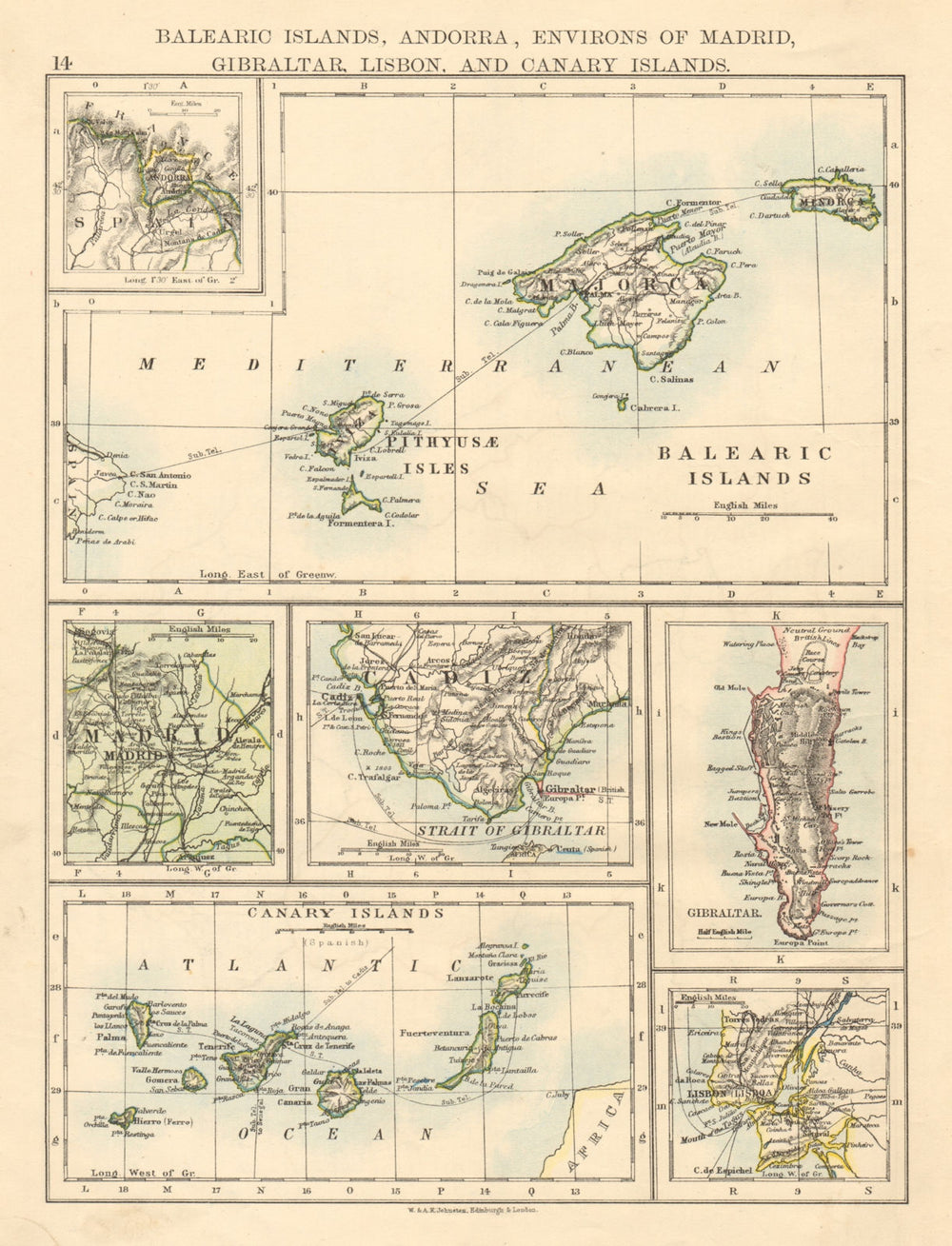 IBERIA Balearics Canaries Gibraltar Andorra Madrid Lisbon JOHNSTON 1892 map