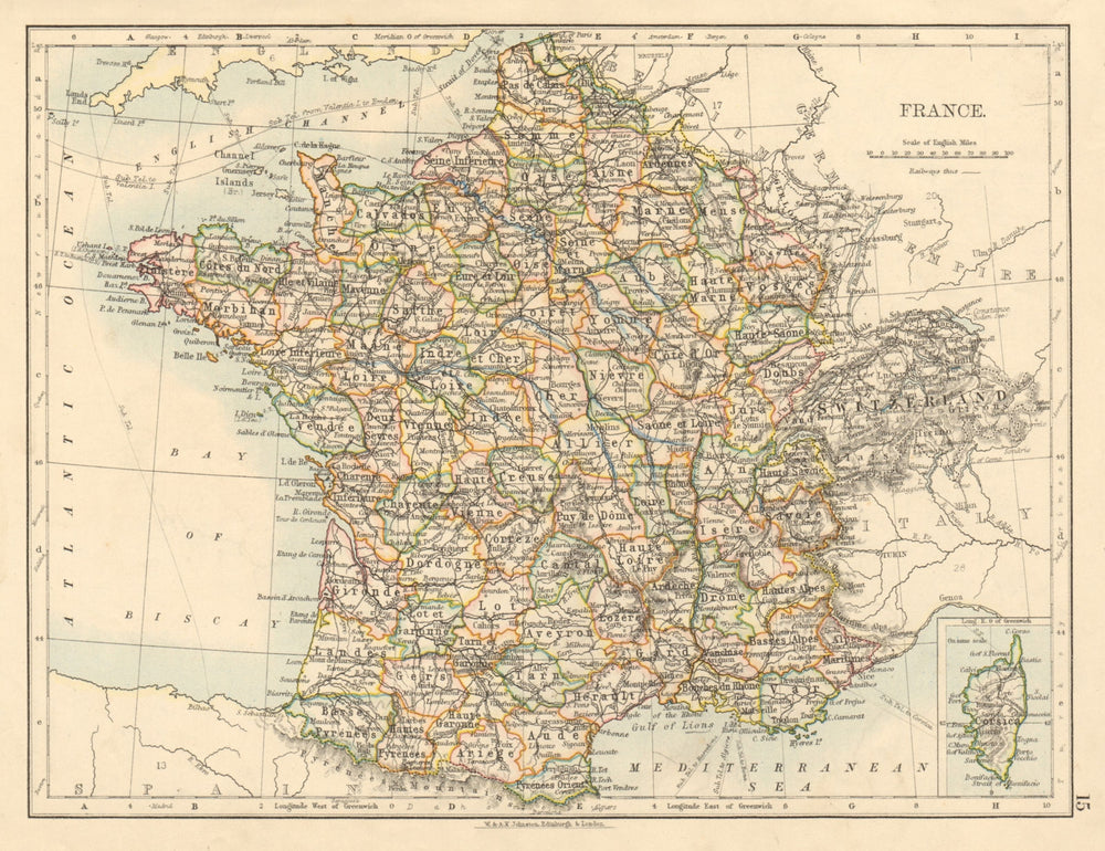 FRANCE German Alsace & Lorraine Undersea telegraph cables JOHNSTON 1892 map