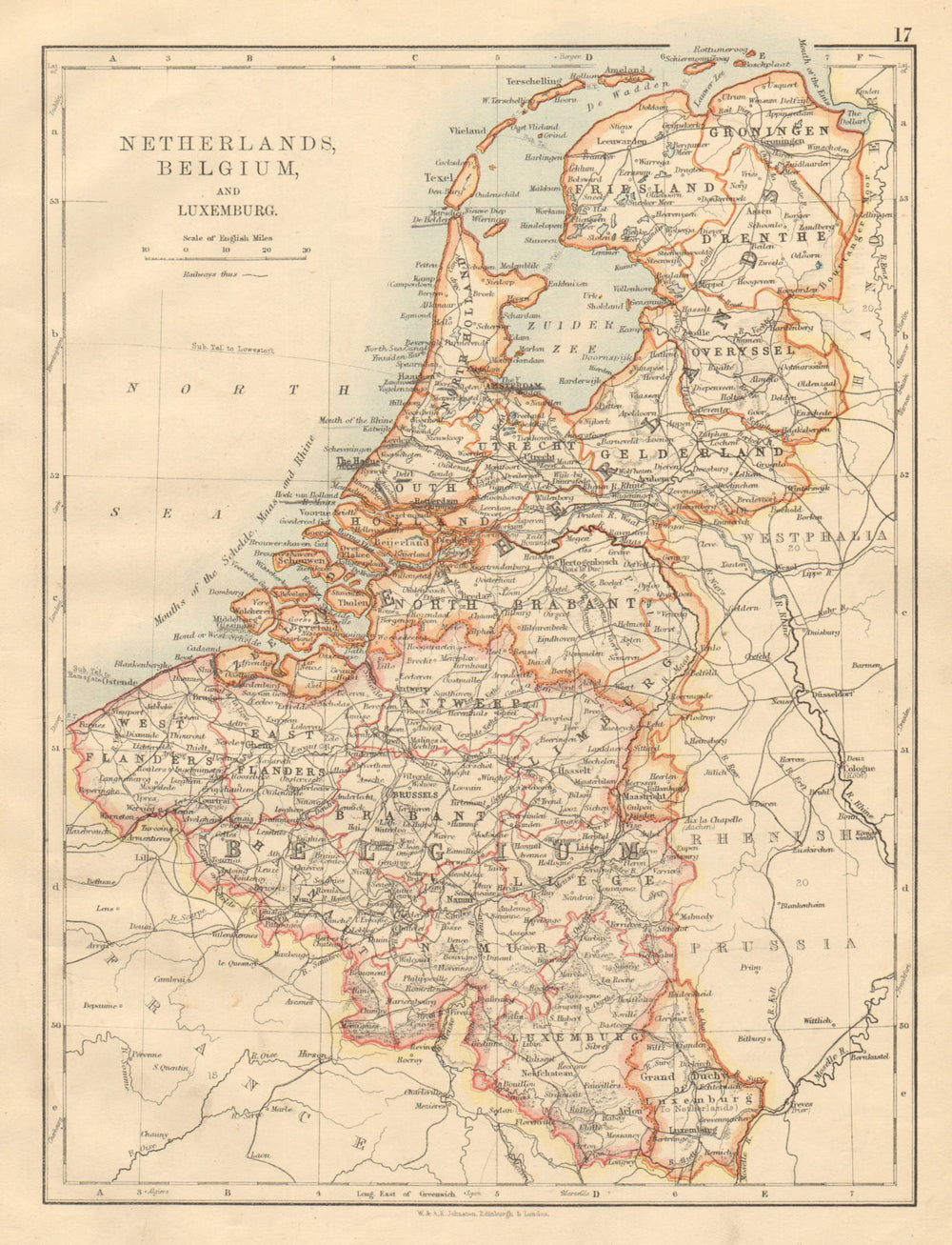 BENELUX Netherlands Belgium Luxemburg Holland JOHNSTON 1892 old antique map
