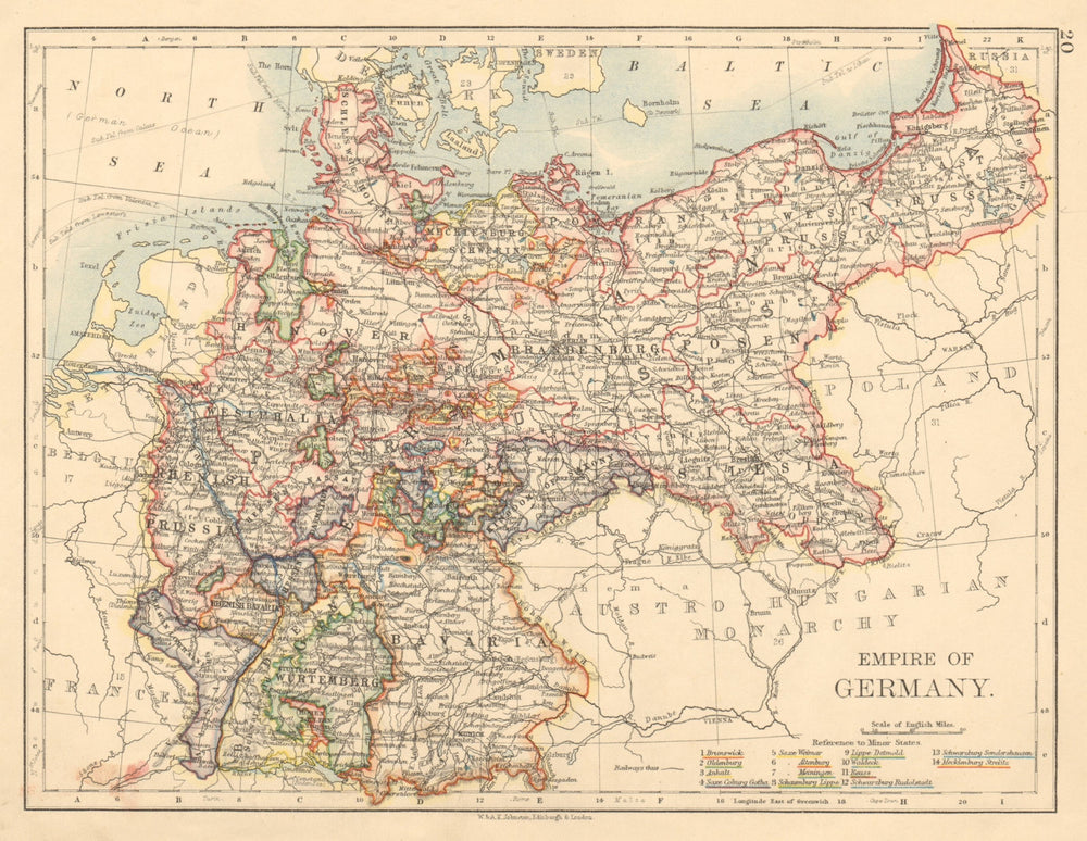 EMPIRE OF GERMANY States Prussia Bavaria Alsace Lorraine JOHNSTON 1892 old map