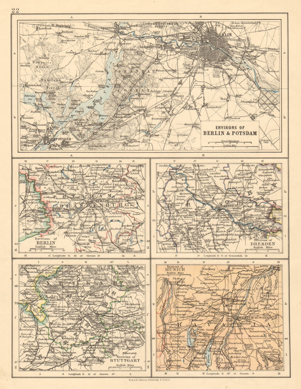 GERMANY CITIES Berlin Potsdam Dresden Stuttgart Munich JOHNSTON 1892 old map