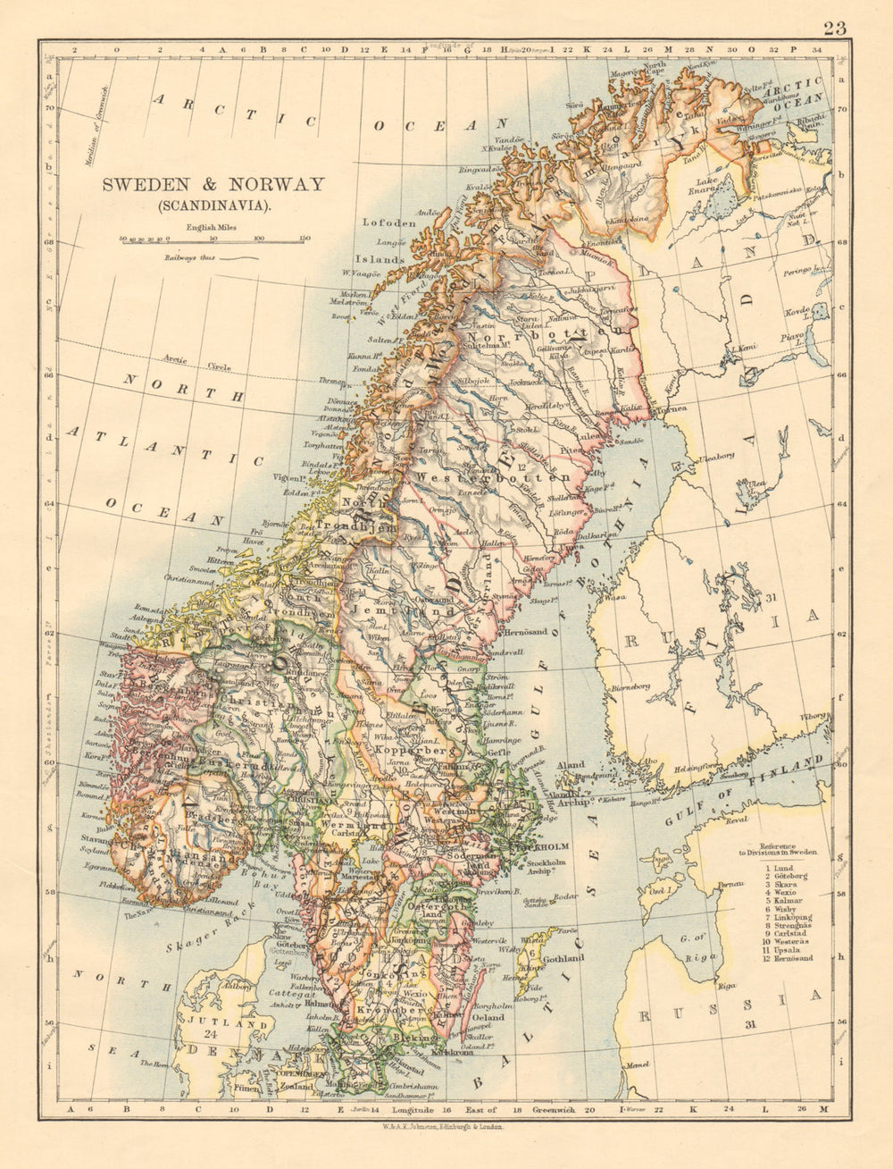 SCANDINAVIA Sweden Norway Railways Undersea telegraph cables JOHNSTON 1892 map