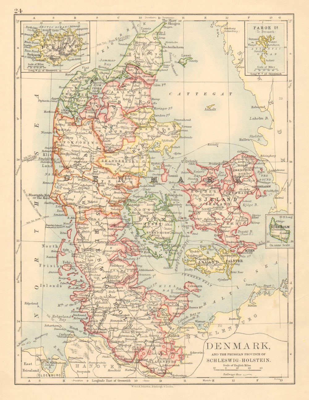 DENMARK SLESVIG-HOLSTEN Prussian Schleswig-Holstein JOHNSTON 1892 old map