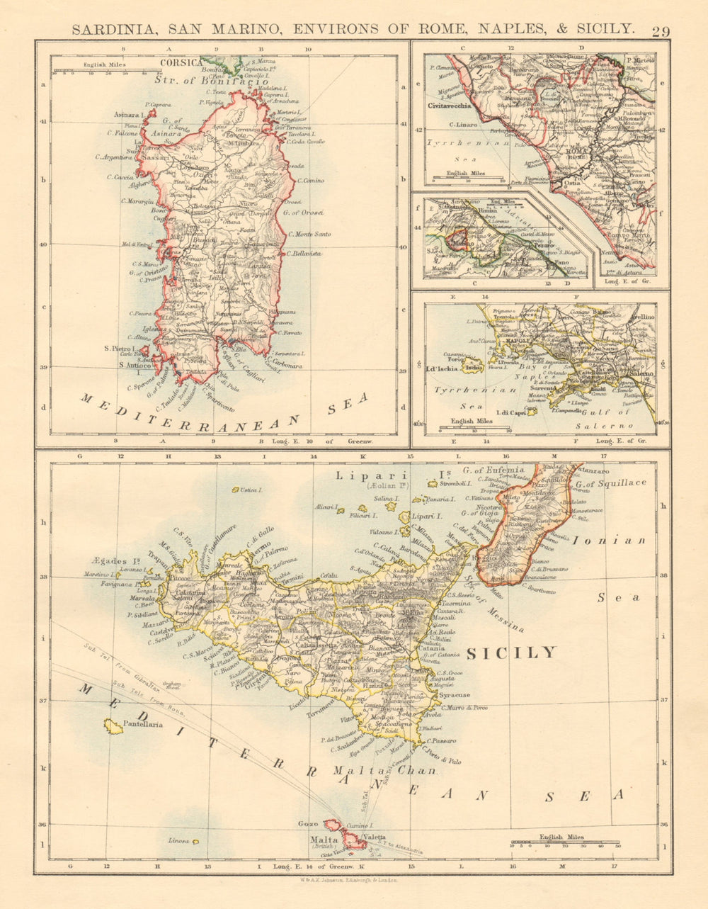 ITALIAN ISLANDS Sardinia Sicily Ischia Capri Malta S Marino JOHNSTON 1892 map
