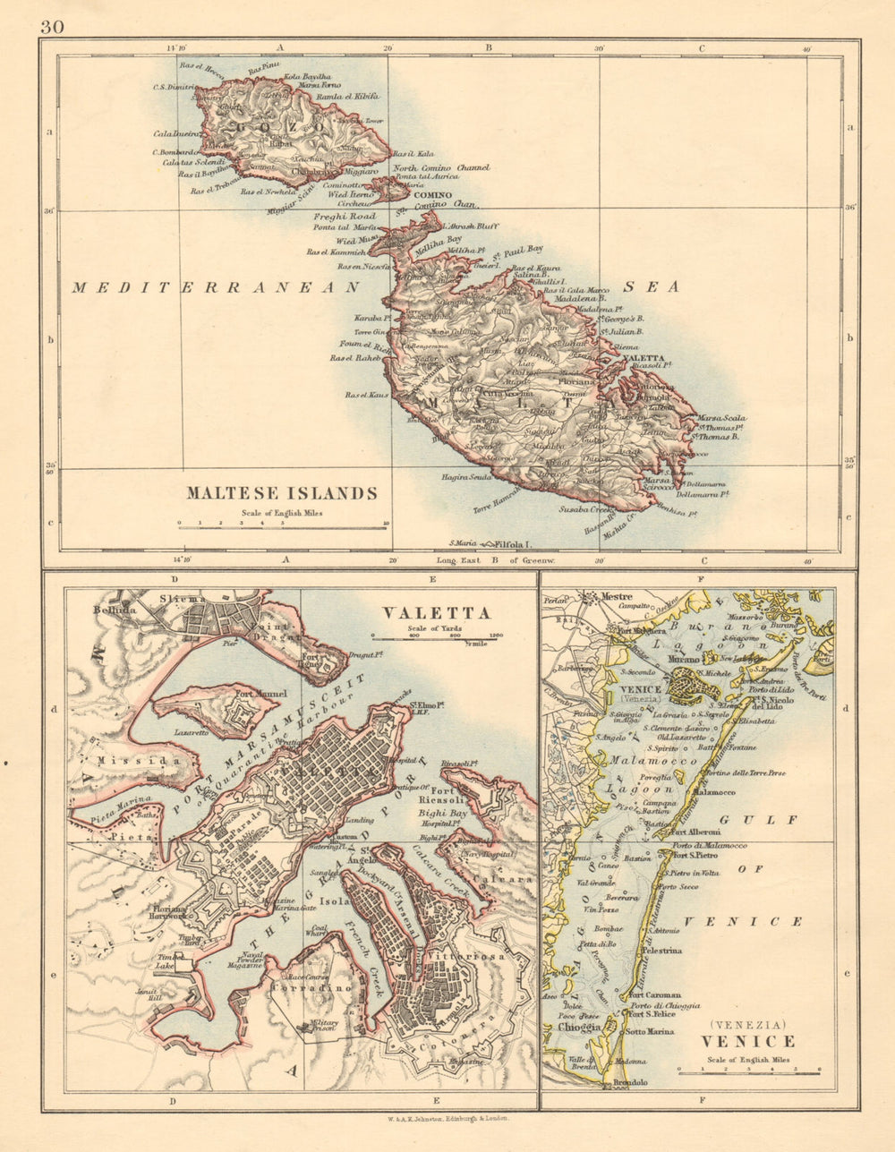 MALTESE ISLANDS Malta Gozo Valetta city town plan +Venice JOHNSTON 1892 map