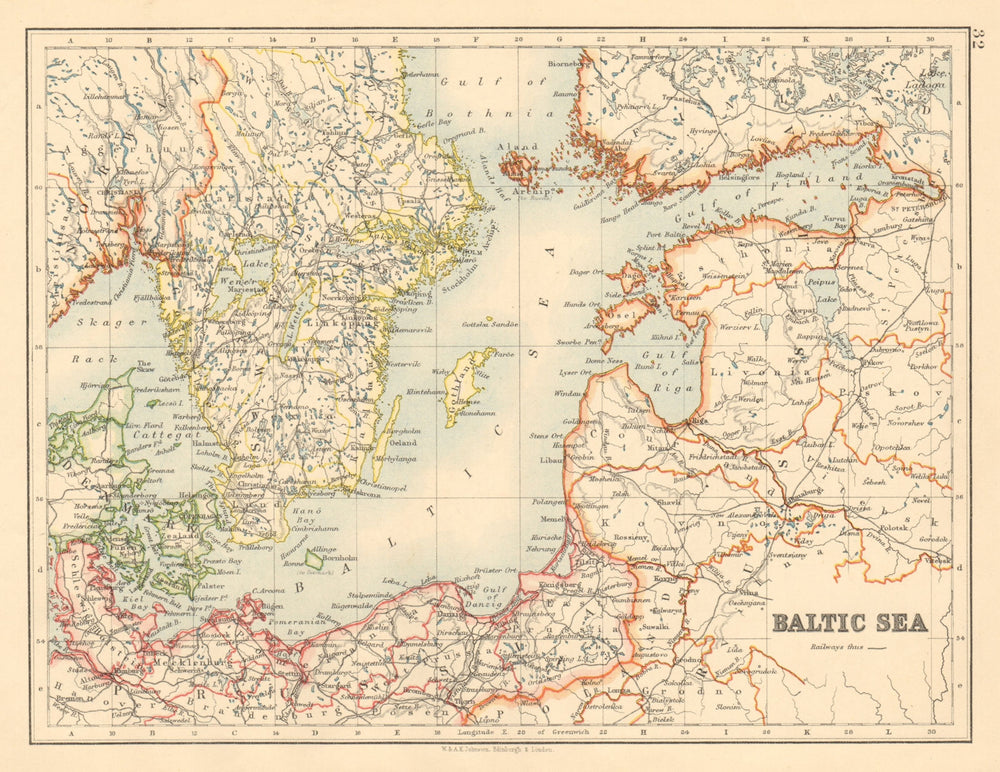 BALTIC SEA Sweden Kovno Denmark Livonia Courland Finland JOHNSTON 1892 old map