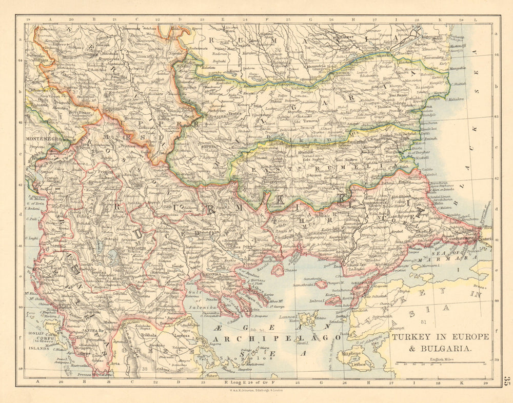 TURKEY IN EUROPE & BULGARIA Rumili East Rumelia Balkans JOHNSTON 1892 old map