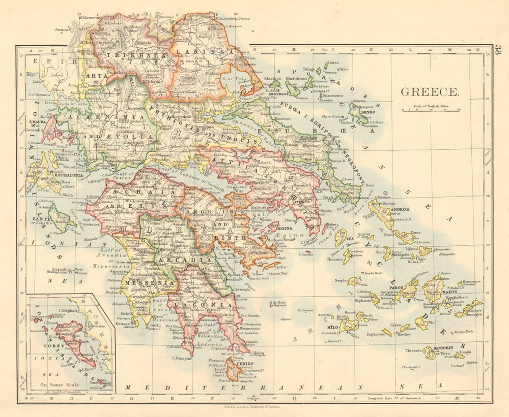 GREECE Peloponnese Sporades Cyclades Aegean Ionian Islands JOHNSTON 1892 map