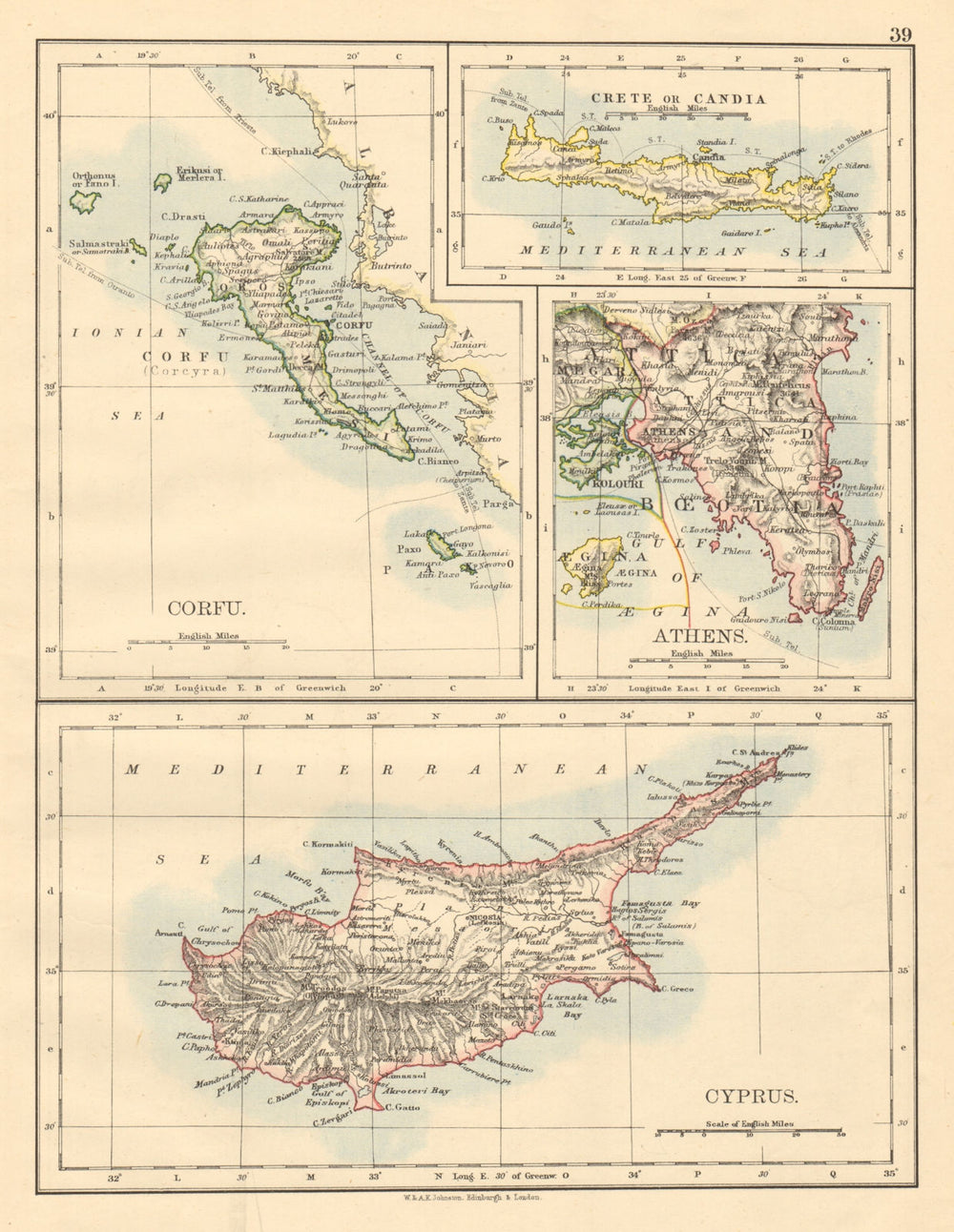 ATHENS & GREEK ISLANDS Corfu Crete Cyprus Candia Greece JOHNSTON 1892 old map