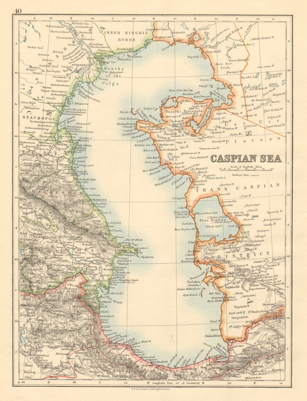 CASPIAN SEA Baku Persia Astrakan "Inner Kirghiz Horde" JOHNSTON 1892 old map