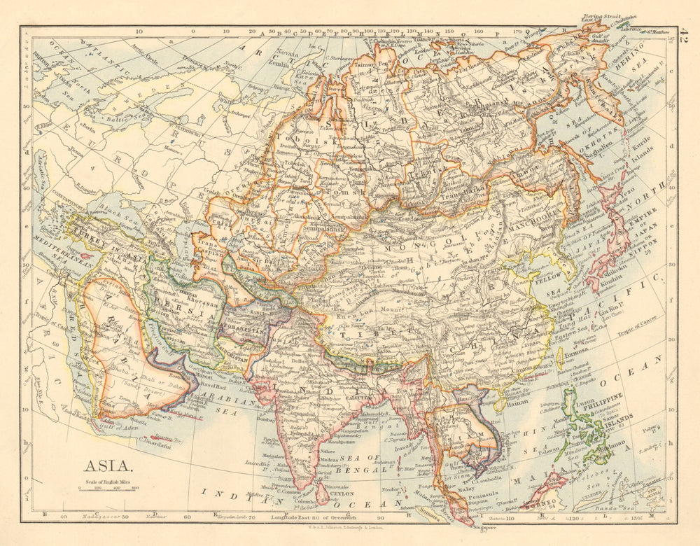 ASIA POLITICAL Persia Siam Hejaz China Japan Corea Turkestan JOHNSTON 1892 map