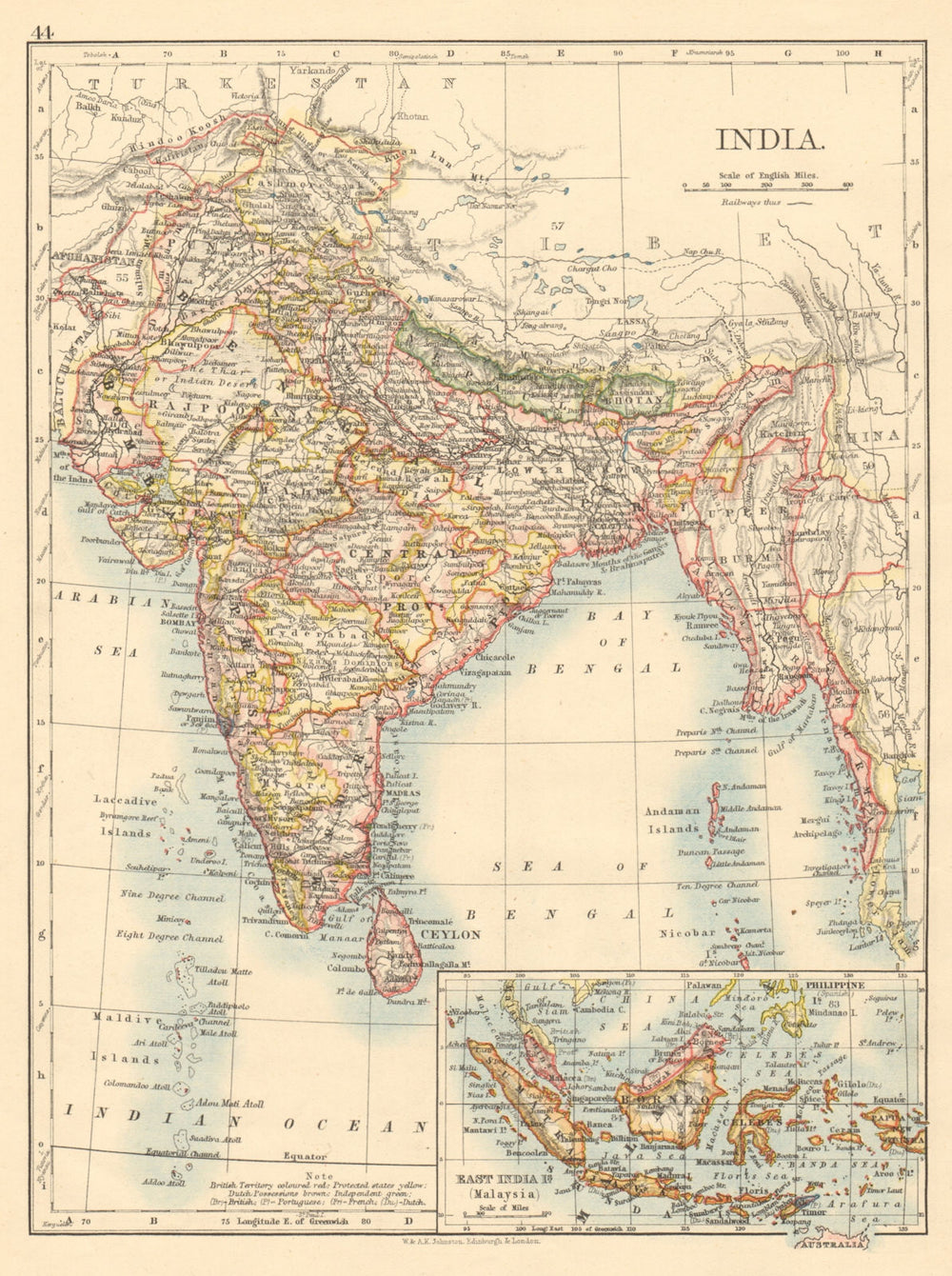 BRITISH INDIA Showing states Burma Nepal Bhutan Ceylon JOHNSTON 1892 old map