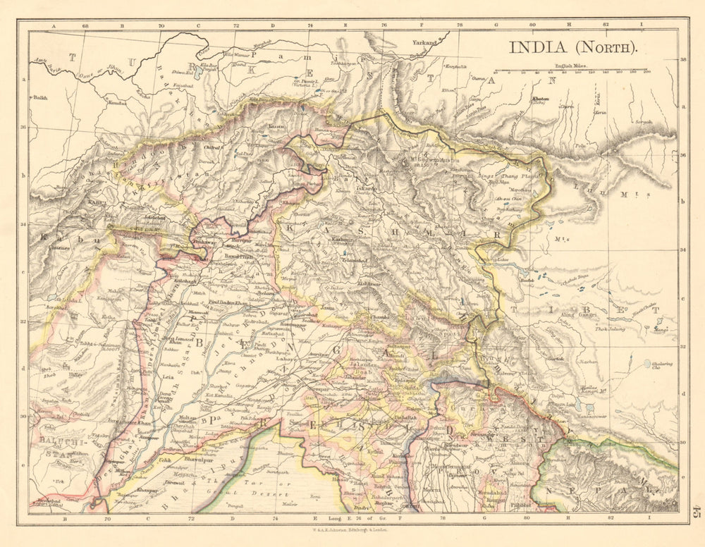 BRITISH INDIA NORTH Jammu Kashmir Punjab Himalayas JOHNSTON 1892 old map