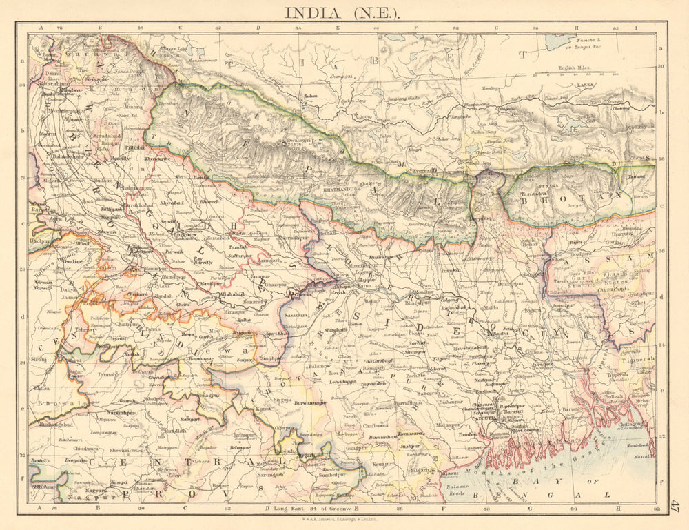 BRITISH INDIA NE Bengal Nepal Bhutan Calcutta Bangladesh JOHNSTON 1892 old map