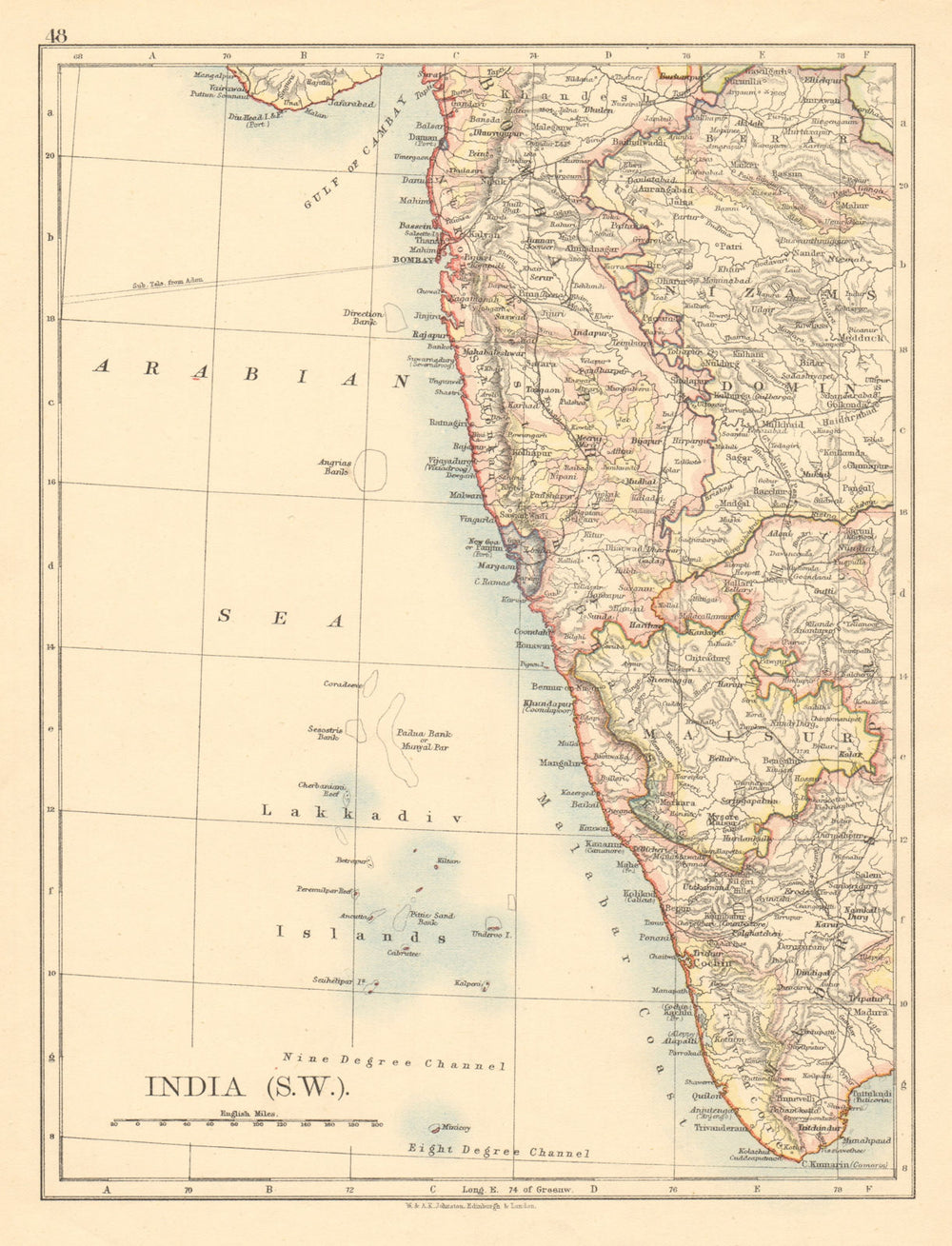 BRITISH INDIA SW Bombay Maisur Malabar Coast Lakkadives JOHNSTON 1892 old map
