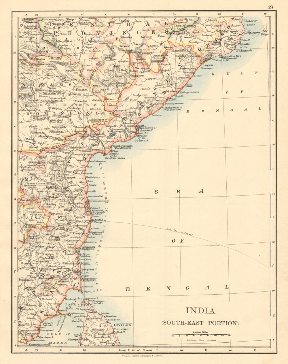 BRITISH INDIA SE Madras Karnatak French Karikal Pondicherry JOHNSTON 1892 map