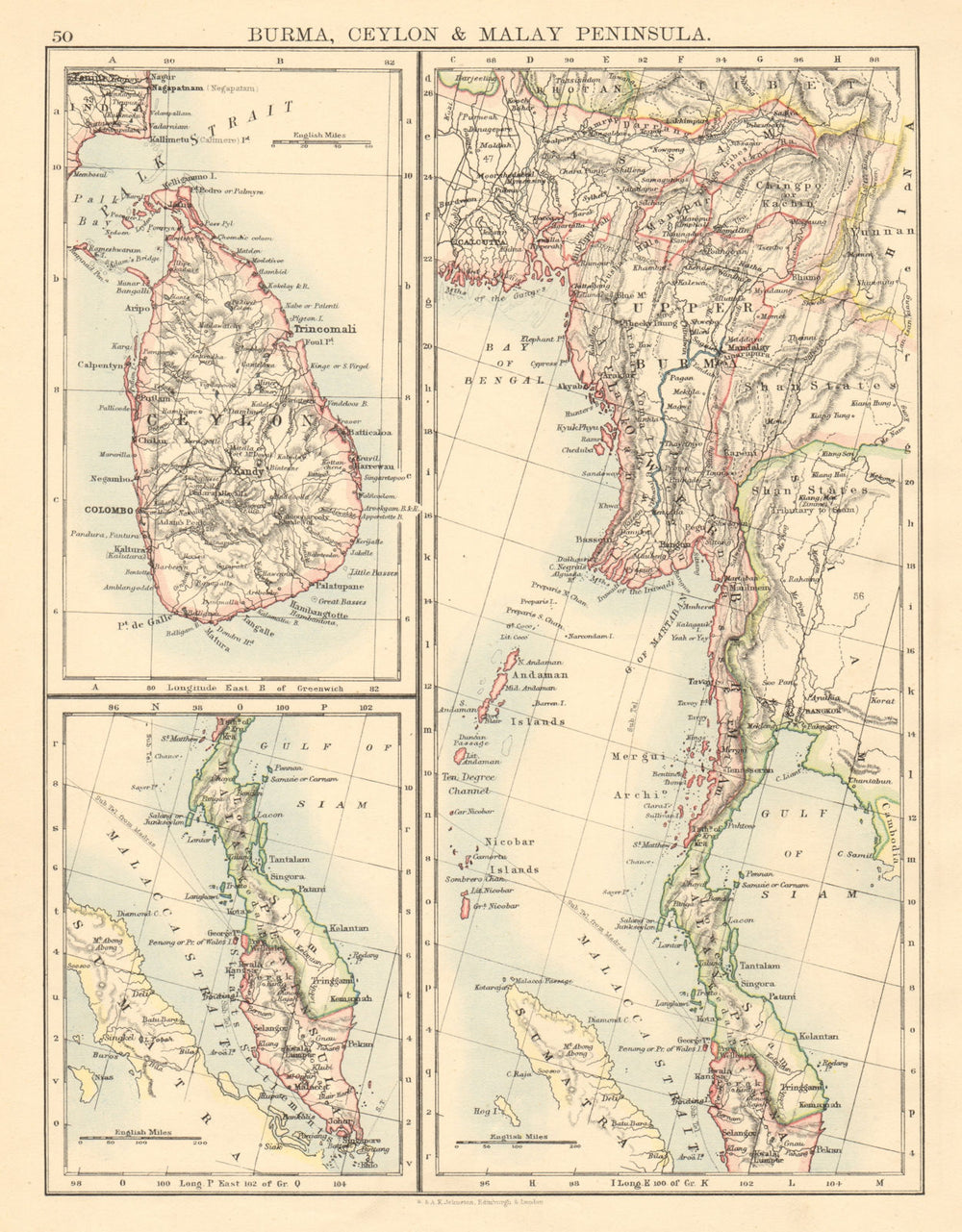 BURMA CEYLON SIAM MALAY PENINSULA Assam Singapore Thailand 1892 old map