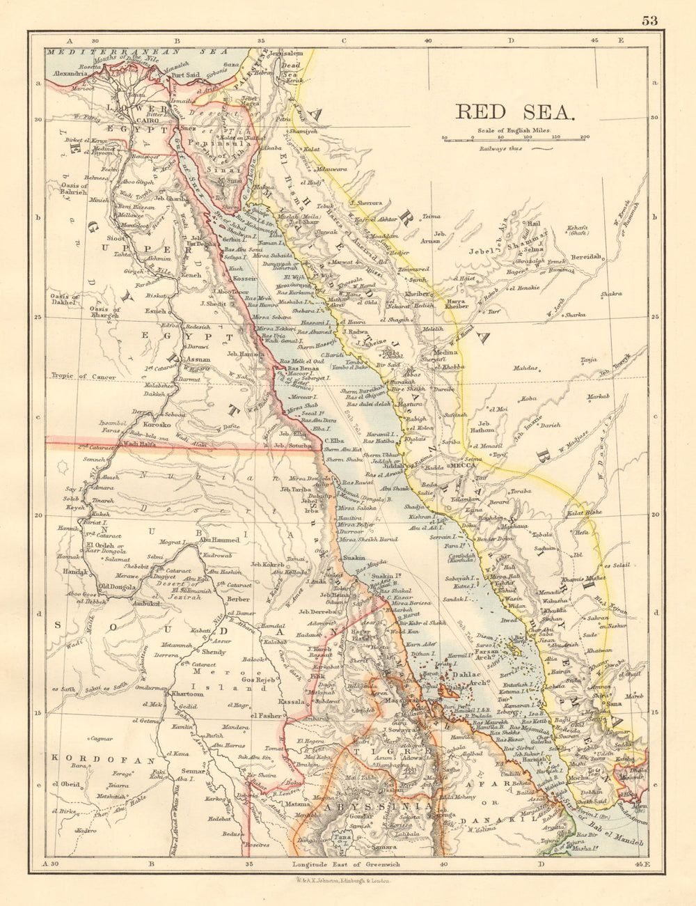 RED SEA Egypt Eritrea Hedjaz Asir Yemen Nile valley Sinai JOHNSTON 1892 map