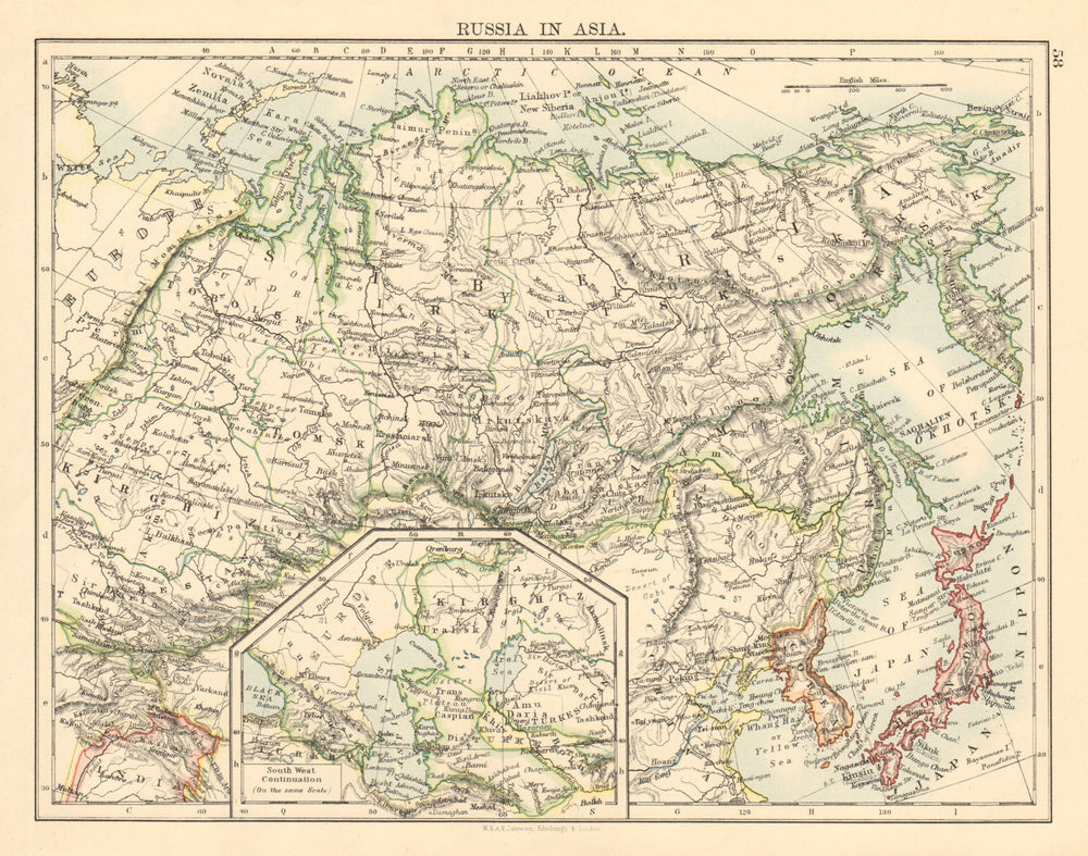 RUSSIA IN ASIA Siberia Caspian & Aral seas Korea Japan JOHNSTON 1892 old map