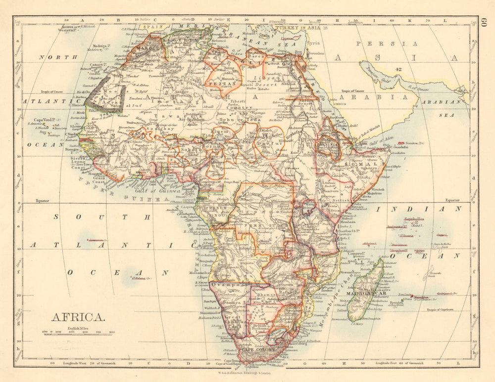 COLONIAL/TRIBAL AFRICA British East/Central/South Africa JOHNSTON 1892 old map