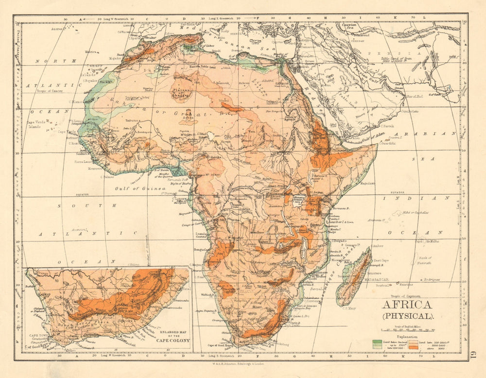 AFRICA PHYSICAL Relief ocean depths rivers JOHNSTON 1892 old antique map chart