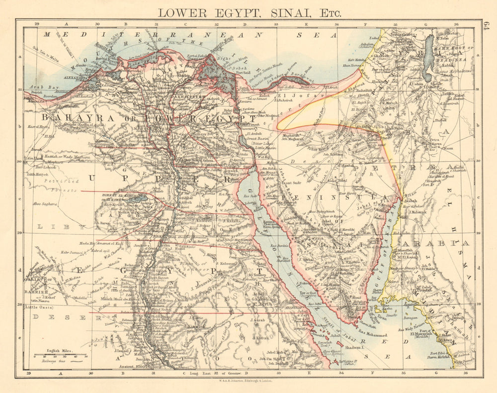 LOWER EGYPT & SINAI provinces Nile valley/delta Railways JOHNSTON 1892 old map